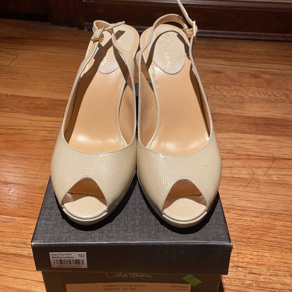 Cream Cole Haan sling back peep toe heel